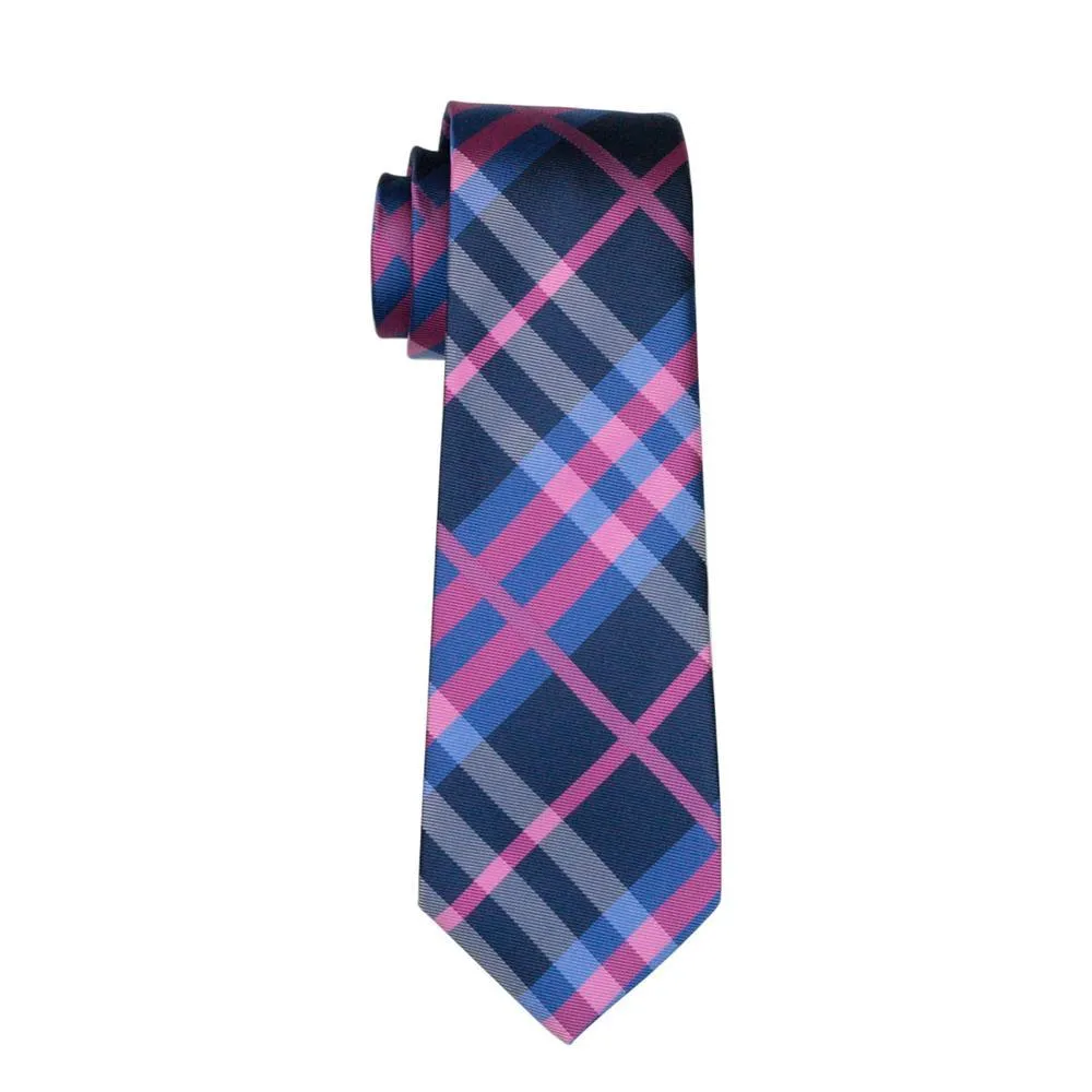Barry Wang Deep Blue Pink Plaid Tie Pocket Square Cufflinks Set sold by Barrywang product image thumbnail 4