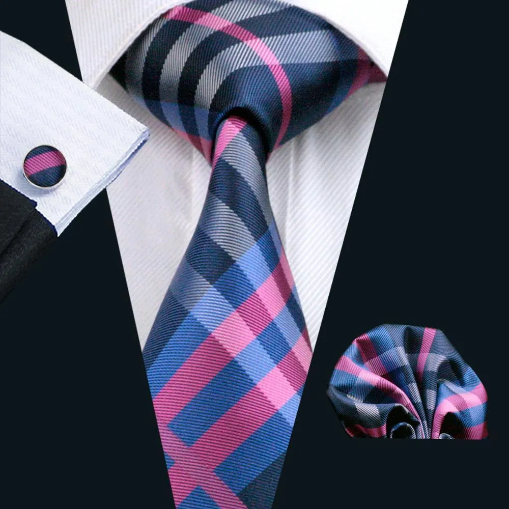 Barry Wang Deep Blue Pink Plaid Tie Pocket Square Cufflinks Set sold by Barrywang