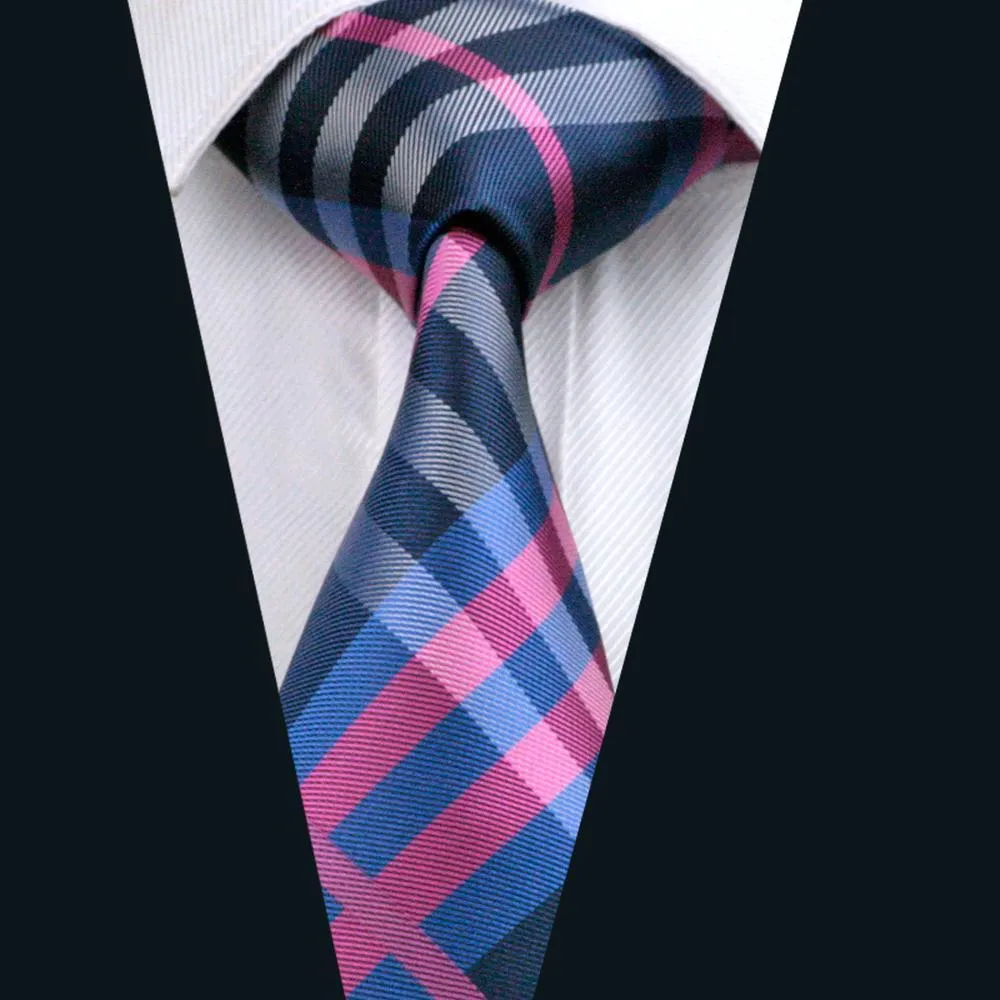 Barry Wang Deep Blue Pink Plaid Tie Pocket Square Cufflinks Set sold by Barrywang product image thumbnail 2