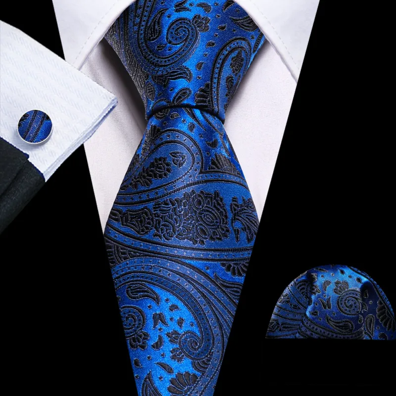 Barry Wang Blue Tie Black Silk Paisley Tie Hanky Cufflinks Set for Men sold by Barrywang