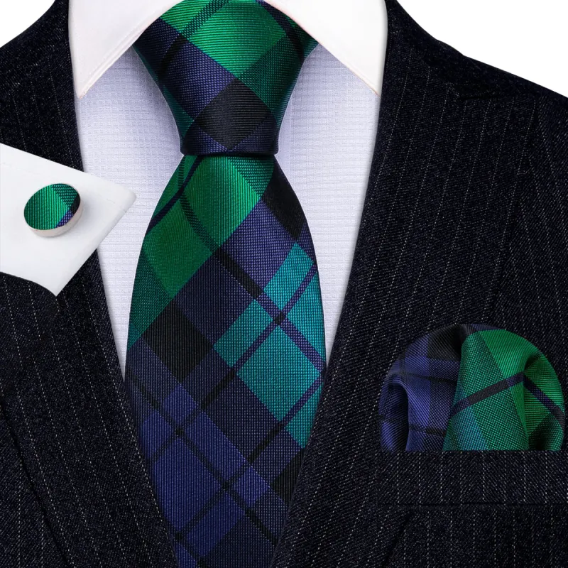 Barry. Wang Men's Tie Blue Green Plaid Striped Silk Tie Hanky Cufflinks Set sold by Barrywang