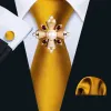 Barry.wang Golden Tie Solid Silk Tie Pocket Square Cufflinks Set with Brooches sold by Barrywang