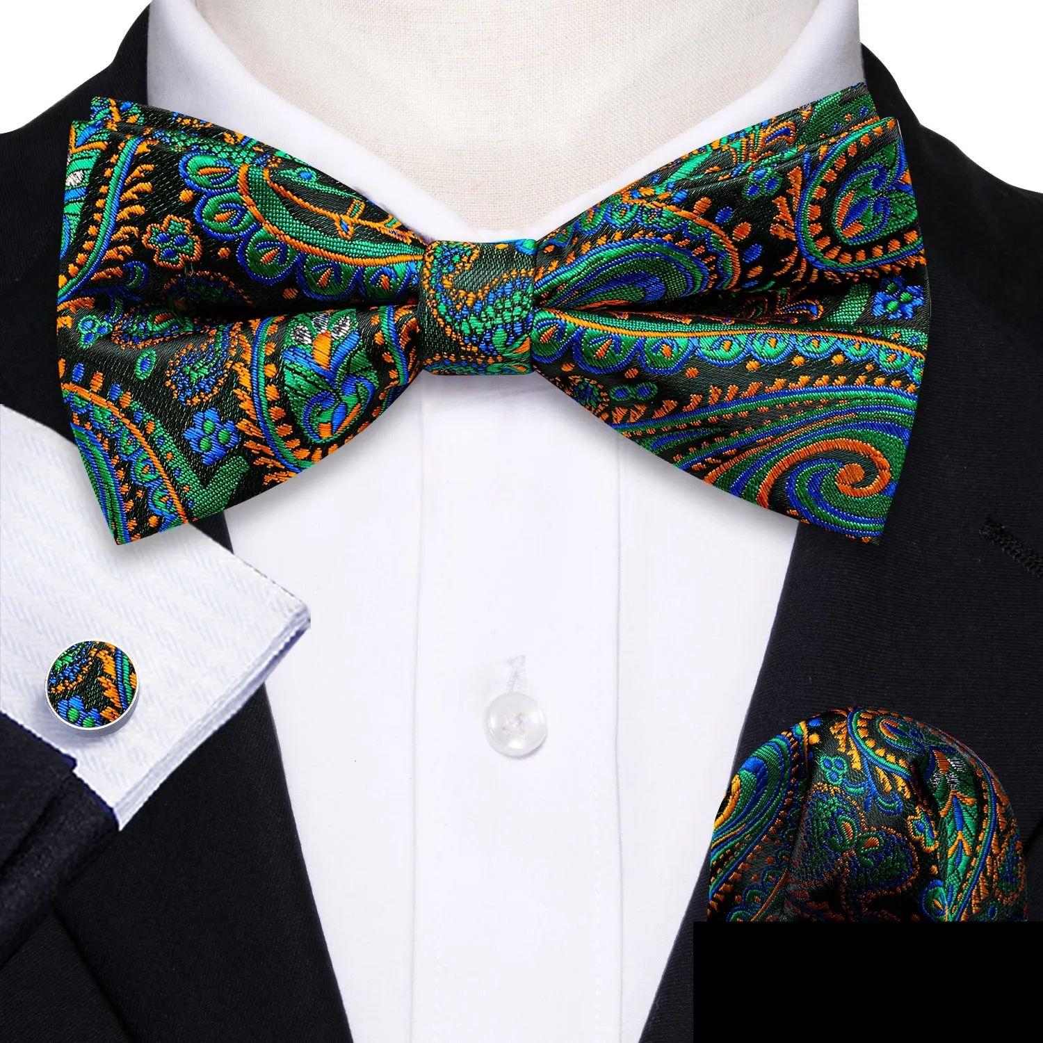 Green Orange Paisley Pre-tied Bow Tie Hanky Cufflinks Set sold by Barrywang product image thumbnail 2