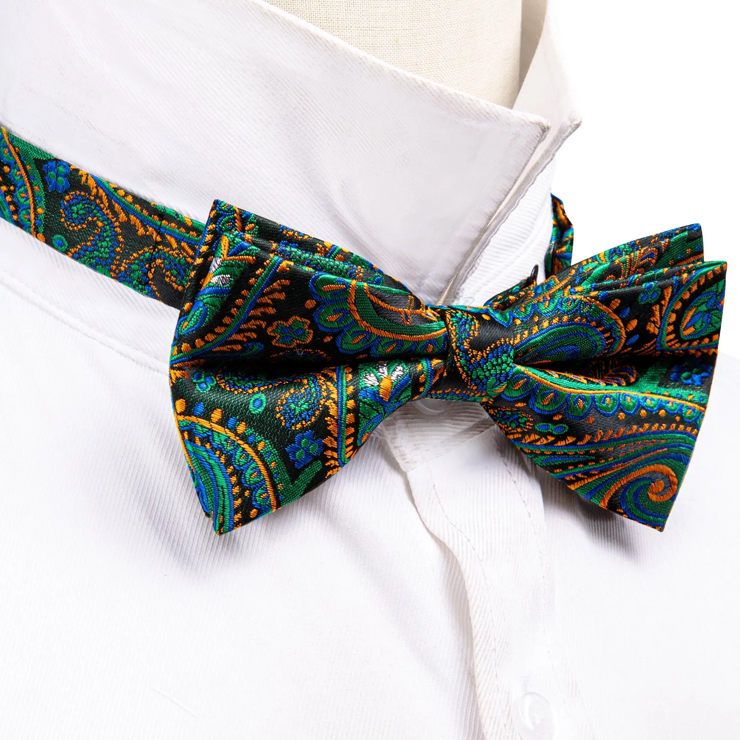 Green Orange Paisley Pre-tied Bow Tie Hanky Cufflinks Set sold by Barrywang product image thumbnail 5