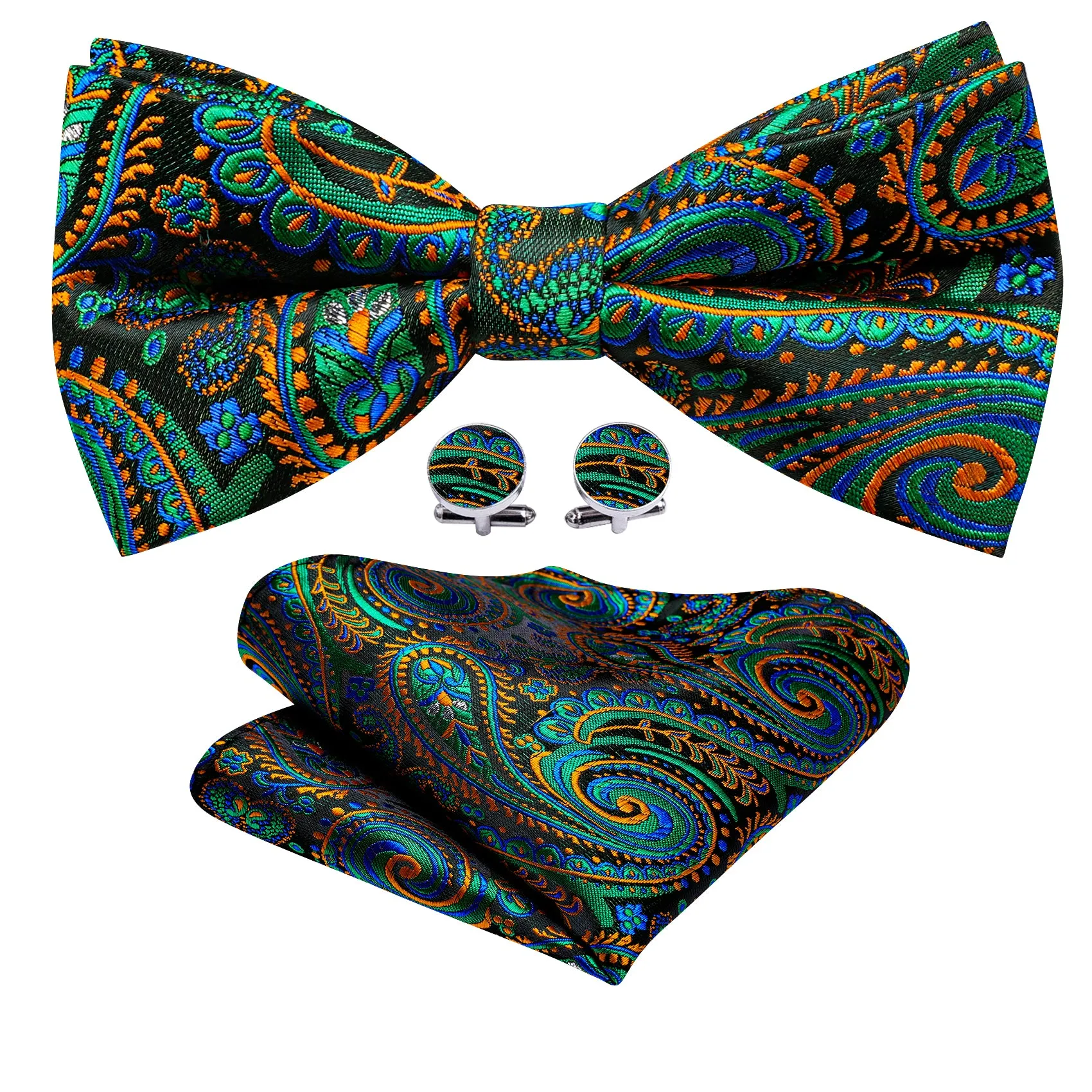 Green Orange Paisley Pre-tied Bow Tie Hanky Cufflinks Set sold by Barrywang