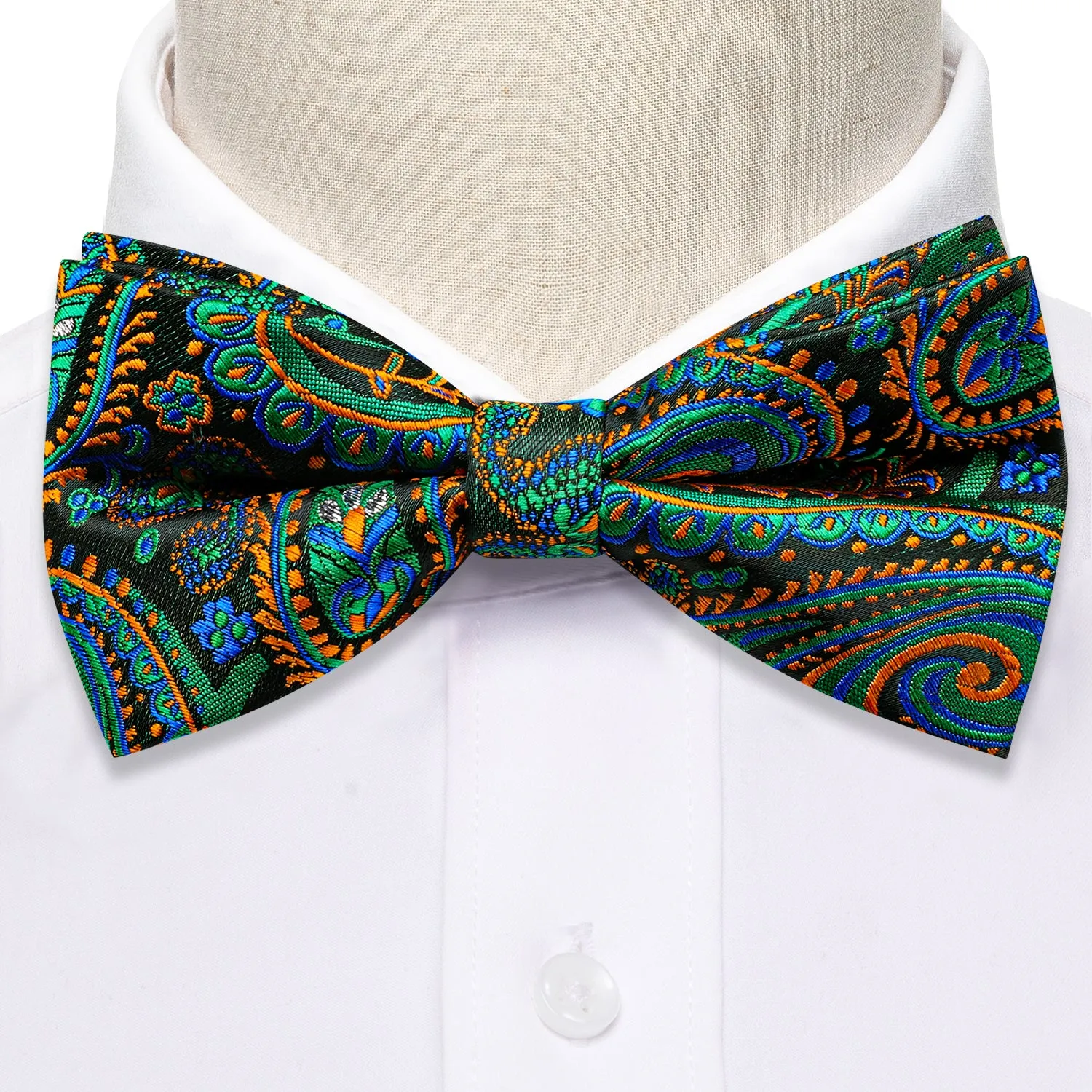 Green Orange Paisley Pre-tied Bow Tie Hanky Cufflinks Set sold by Barrywang product image thumbnail 3