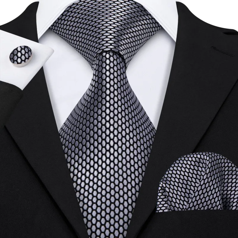 Barry. Wang Grey Tie Geometric Plaid Men's Tie Pocket Square Cufflinks Set sold by Barrywang