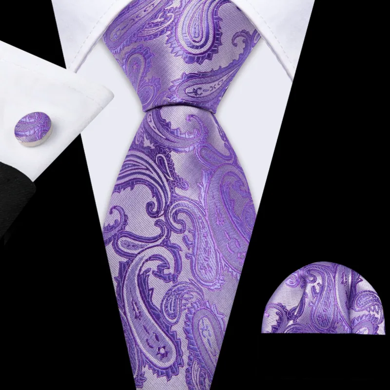 Barry Wang Lavender Purple Ties Silver Paisley Tie Hanky Cufflinks Set sold by Barrywang