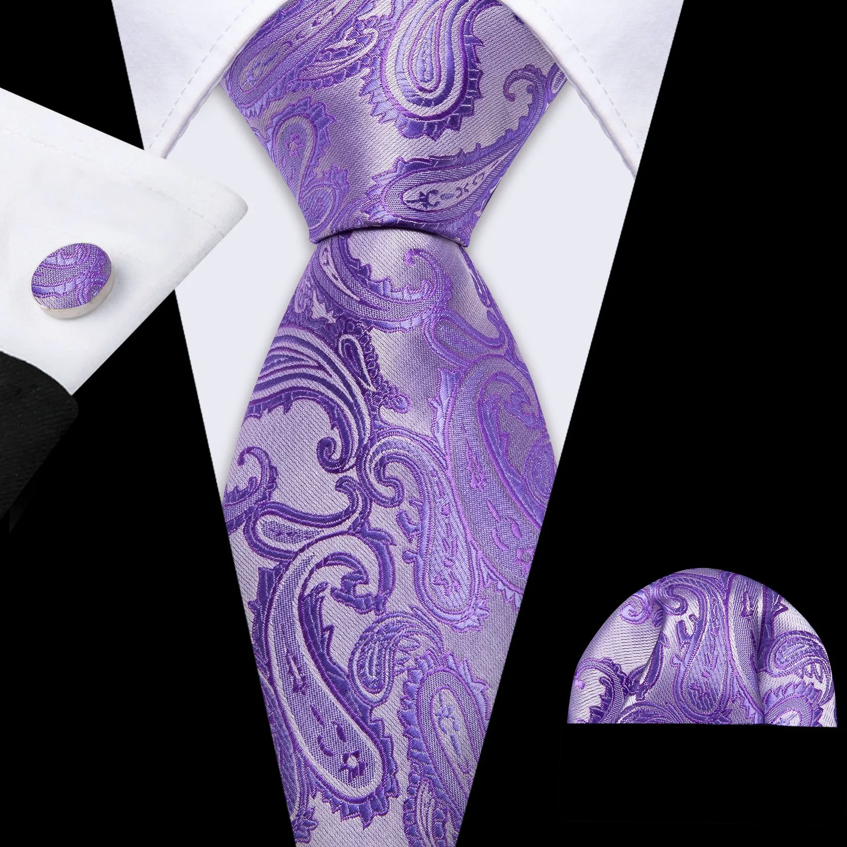 Barry Wang Lavender Purple Ties Silver Paisley Tie Hanky Cufflinks Set sold by Barrywang