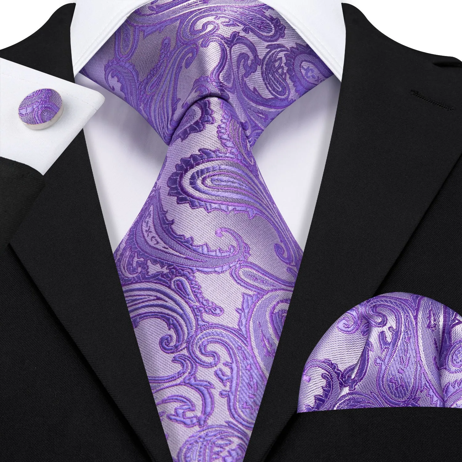 Barry Wang Lavender Purple Ties Silver Paisley Tie Hanky Cufflinks Set sold by Barrywang product image thumbnail 2