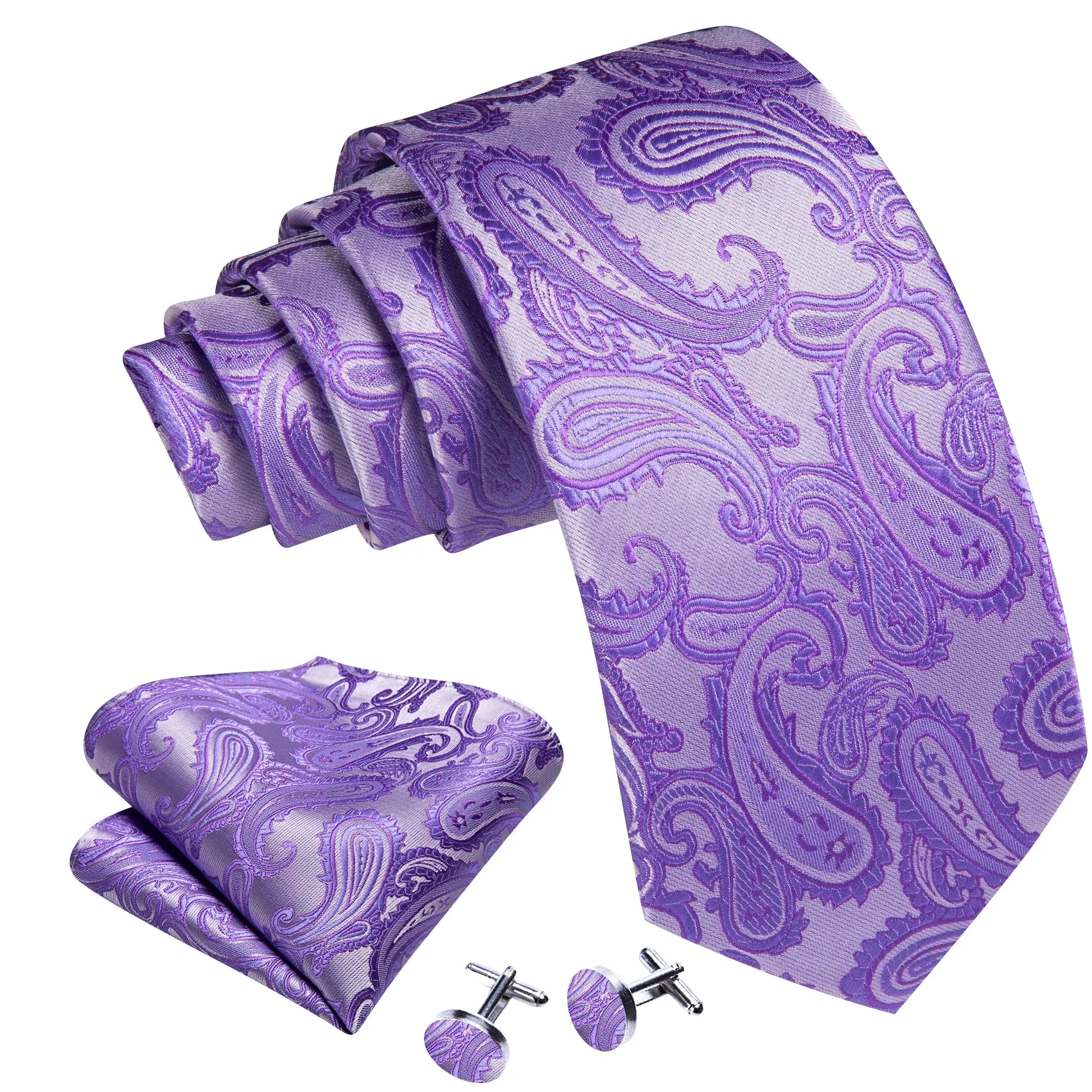 Barry Wang Lavender Purple Ties Silver Paisley Tie Hanky Cufflinks Set sold by Barrywang product image thumbnail 3