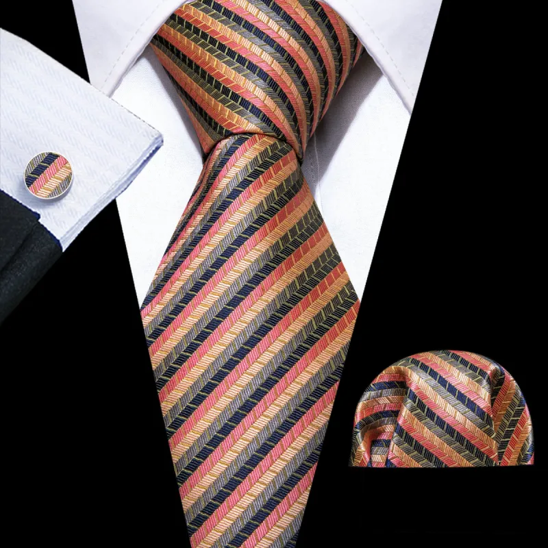 Barry Wang Necktie Orange Yellow Black Striped Tie Hanky Cufflinks Set sold by Barrywang