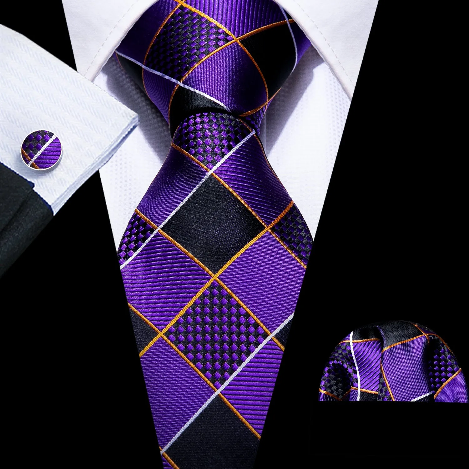 Barry. Wang 4PCS Purple Geometry Plaid Tie Hanky Cufflinks Tie Clip Set sold by Barrywang product image thumbnail 2