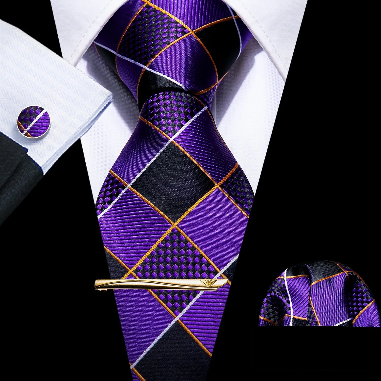 Barry. Wang 4PCS Purple Geometry Plaid Tie Hanky Cufflinks Tie Clip Set sold by Barrywang