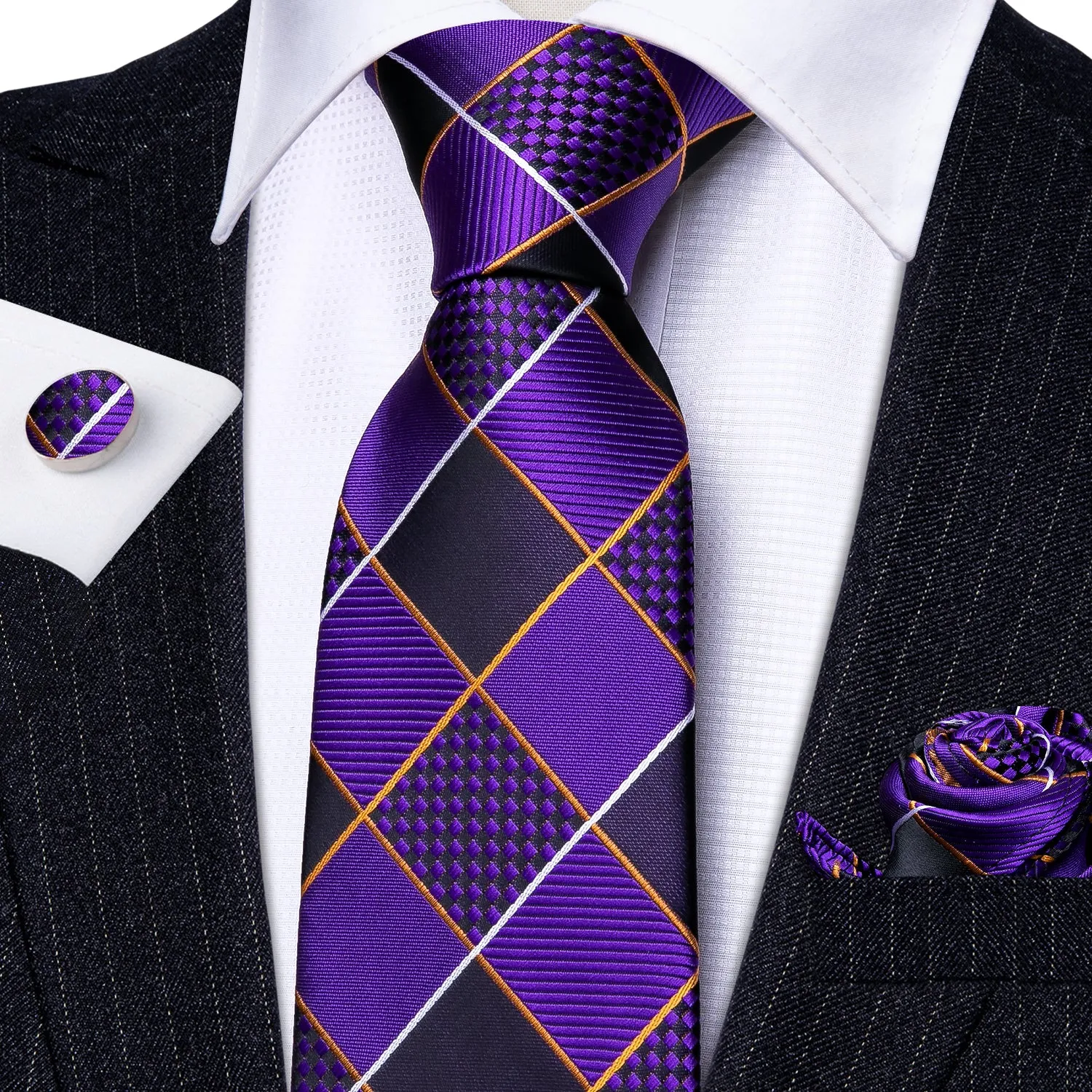 Barry. Wang 4PCS Purple Geometry Plaid Tie Hanky Cufflinks Tie Clip Set sold by Barrywang product image thumbnail 3