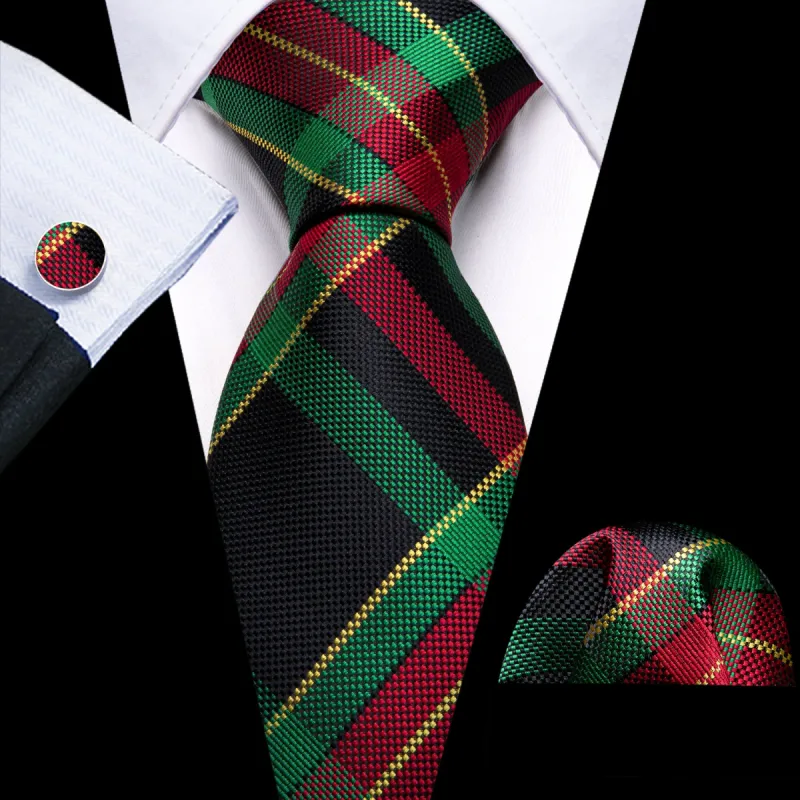 Barry Wang Mens Necktie Green Red Stripes Woven Scottish Plaid Tie Set sold by Barrywang