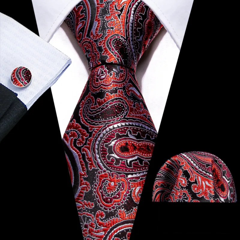 Barry Wang Red Black Paisley Silk Necktie Handkerchief Cufflinks Set sold by Barrywang
