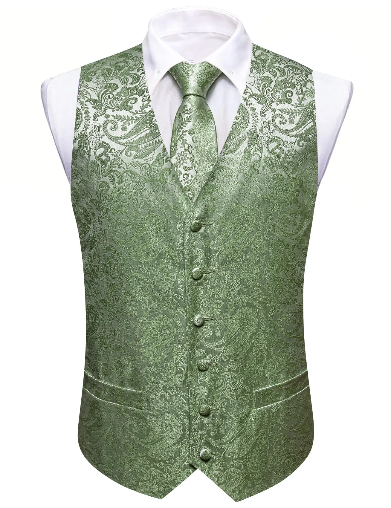 Barry Wang Light Green Paisley Wedding Vest V-Neck Silk Suit Waistcoat sold by Barrywang product image thumbnail 5