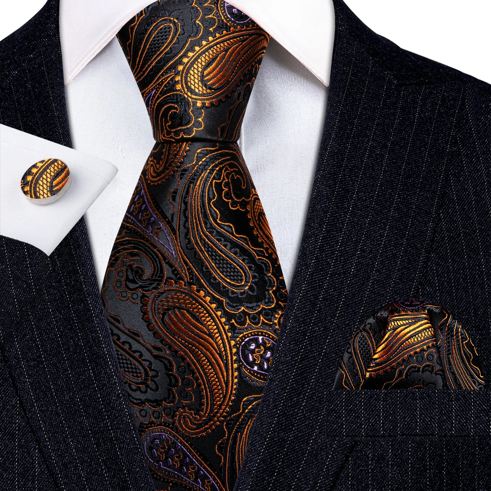 Barry Wang Necktie Black Gold Paisley Tie Handkerchief Cufflinks Set sold by Barrywang product image thumbnail 3