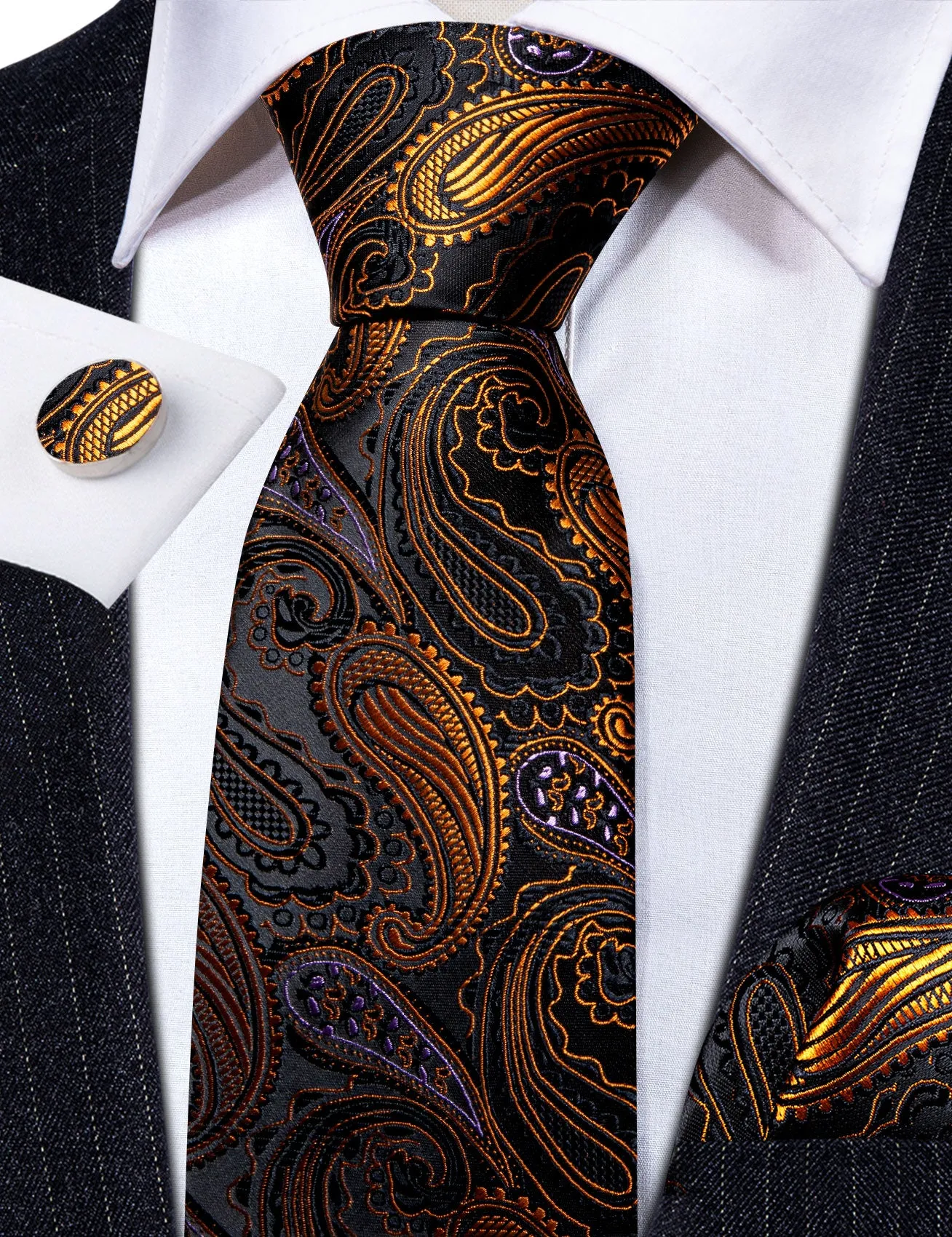 Barry Wang Necktie Black Gold Paisley Tie Handkerchief Cufflinks Set sold by Barrywang product image thumbnail 5