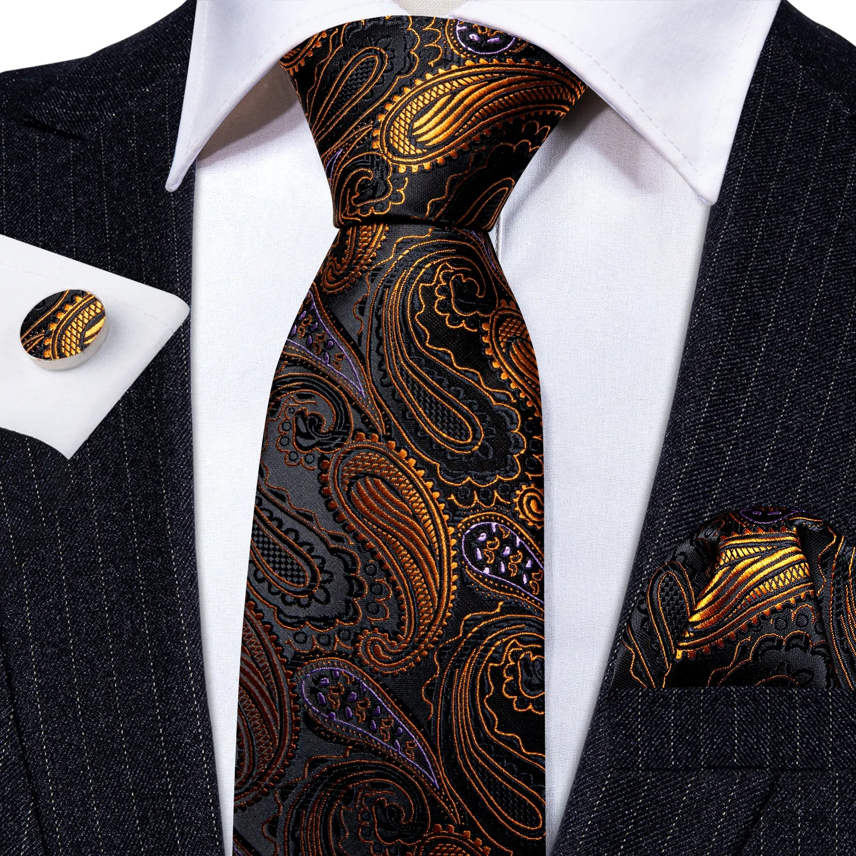 Barry Wang Necktie Black Gold Paisley Tie Handkerchief Cufflinks Set sold by Barrywang product image thumbnail 2