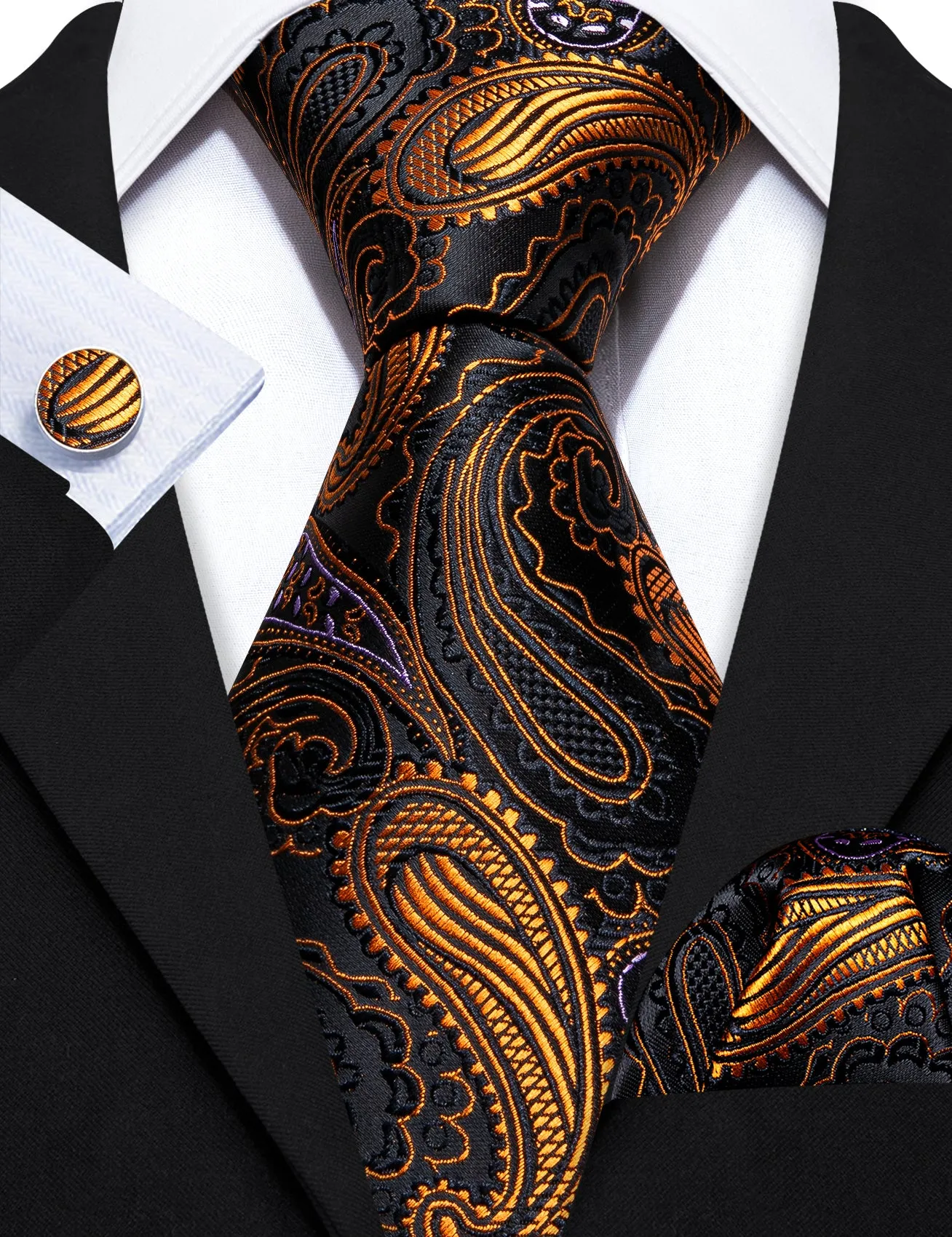 Barry Wang Necktie Black Gold Paisley Tie Handkerchief Cufflinks Set sold by Barrywang product image thumbnail 4