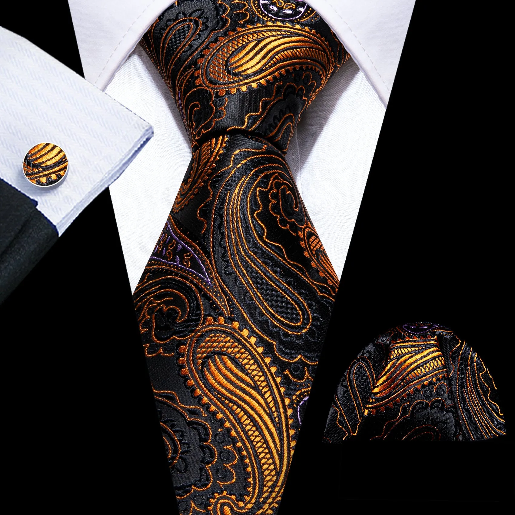 Barry Wang Necktie Black Gold Paisley Tie Handkerchief Cufflinks Set sold by Barrywang