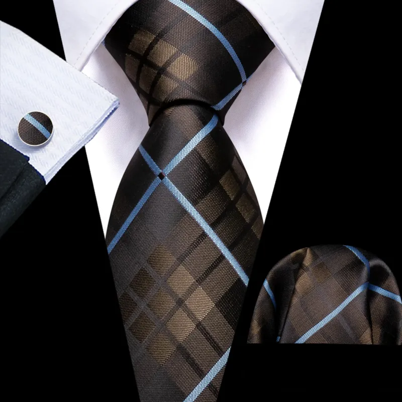 Barry Wang Brown Tie with Blue Line Plaid Handkerchief Tie Cufflink Set sold by Barrywang