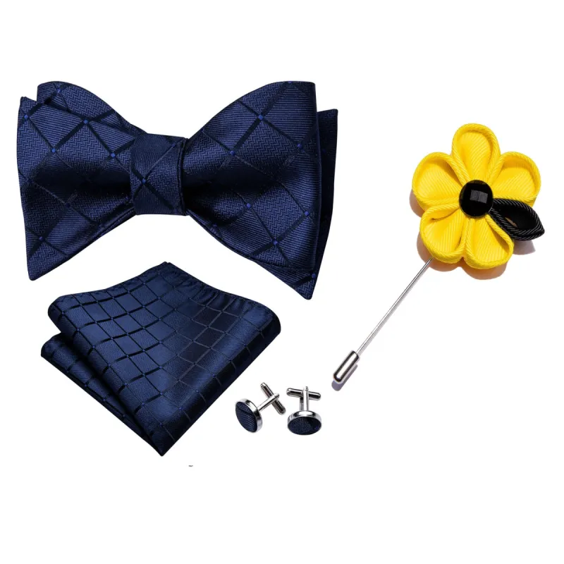 Barry. Wang Dark Blue Plaid Men Bow Tie Floral Pin Hanky Cufflinks Set sold by Barrywang