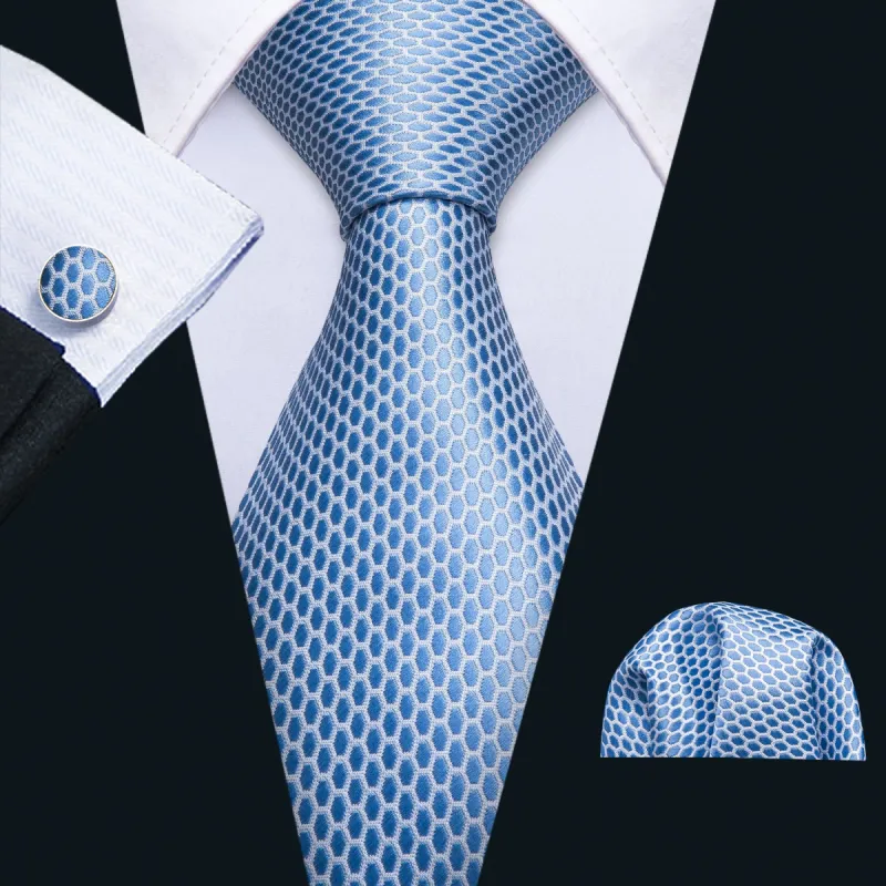 Barry Wang Sky Blue Necktie Geometric Tie Pocket Square Cufflinks Set sold by Barrywang