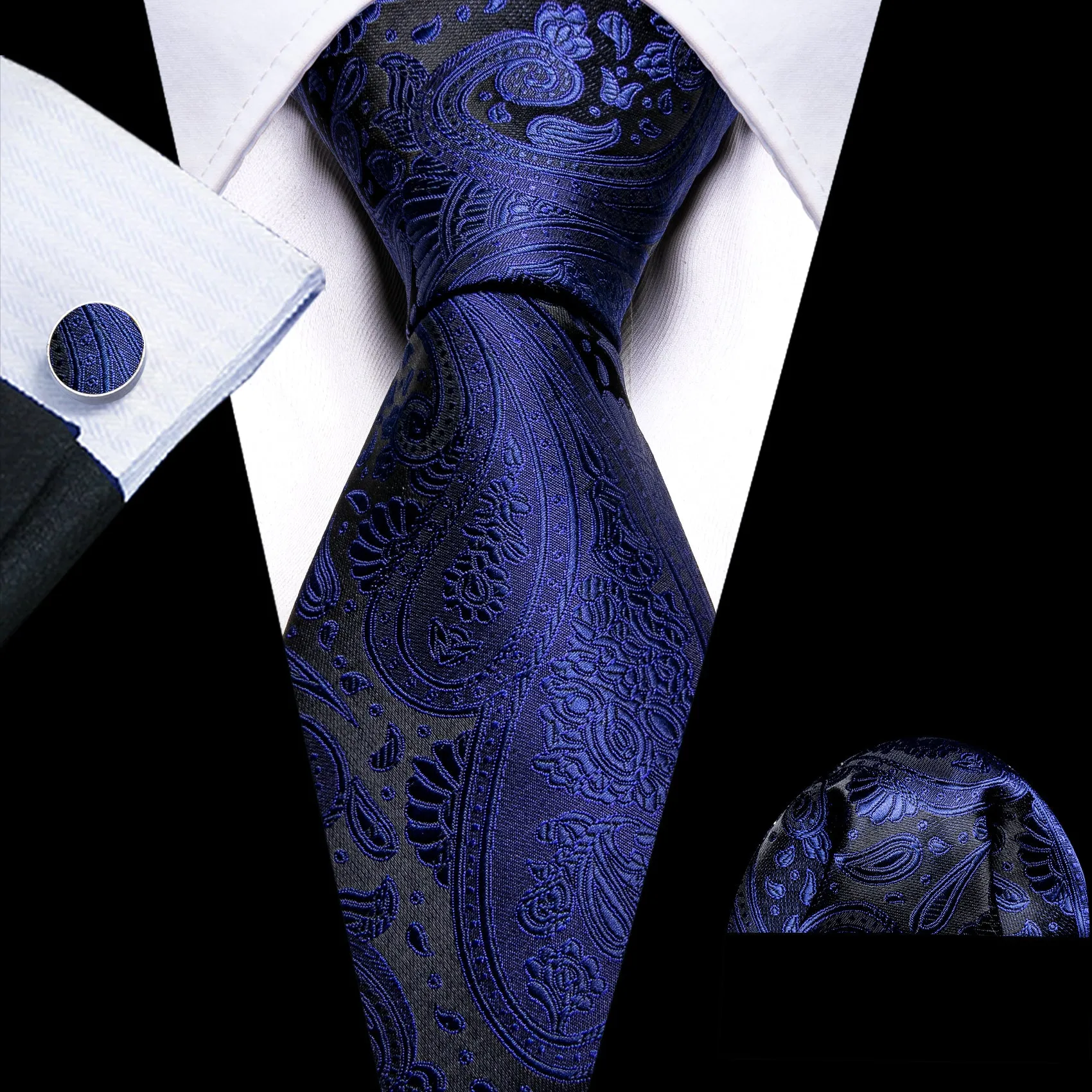 Barry Wang Dark Slate Blue Paisley Silk Tie Handkerchief Cufflinks Set sold by Barrywang
