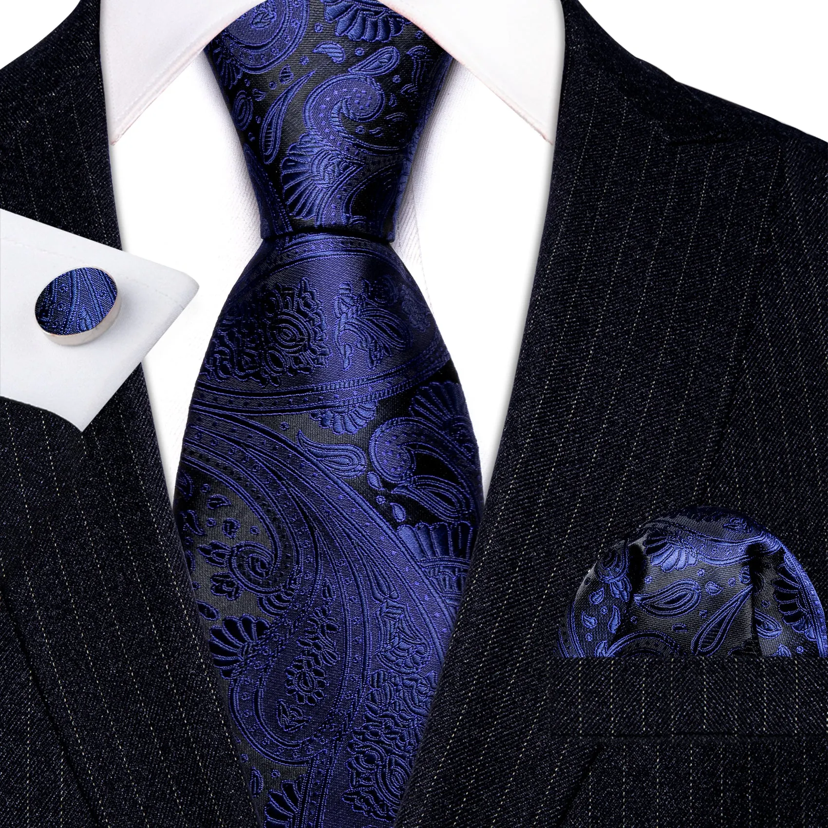 Barry Wang Dark Slate Blue Paisley Silk Tie Handkerchief Cufflinks Set sold by Barrywang product image thumbnail 3
