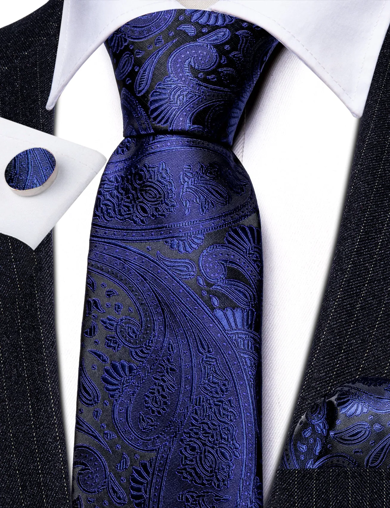 Barry Wang Dark Slate Blue Paisley Silk Tie Handkerchief Cufflinks Set sold by Barrywang product image thumbnail 5