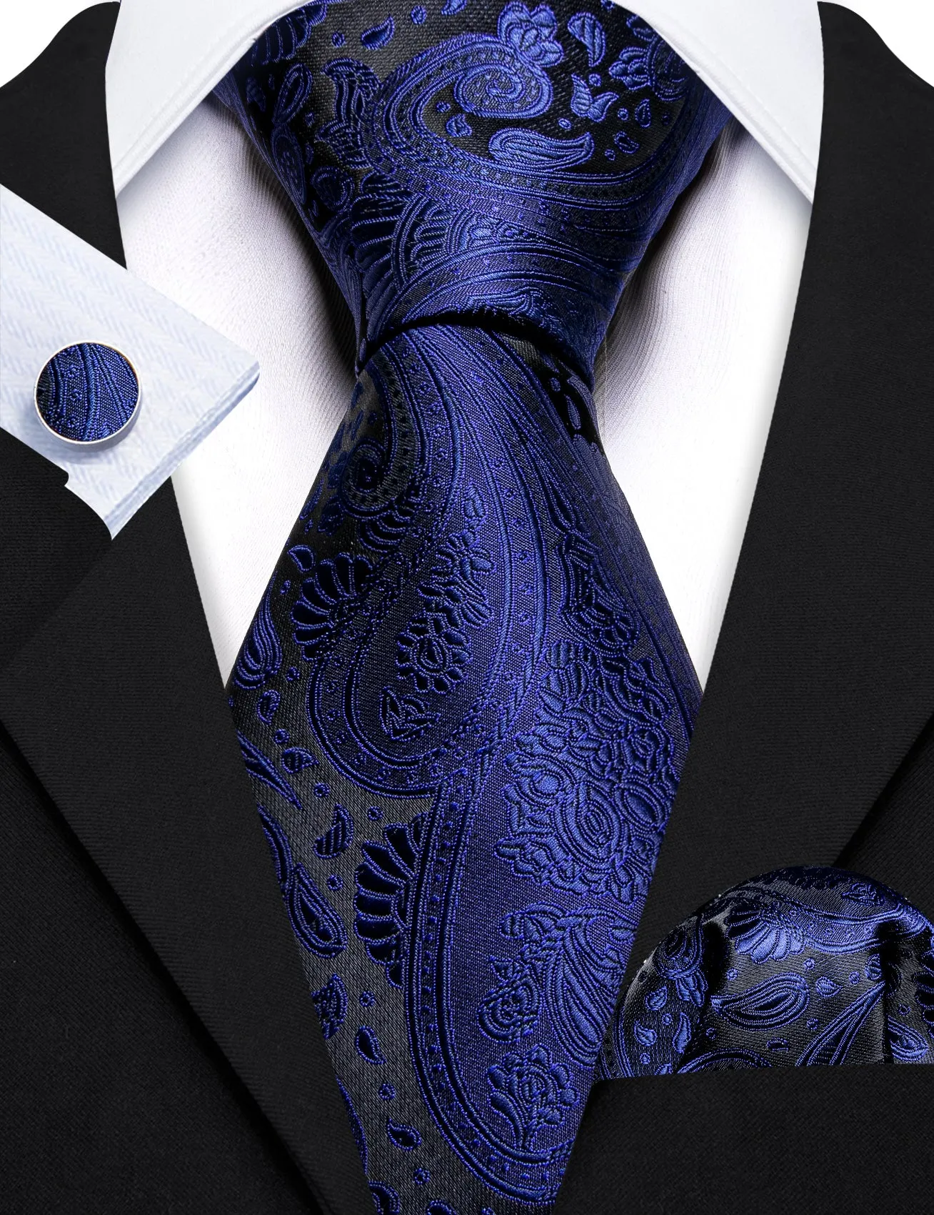 Barry Wang Dark Slate Blue Paisley Silk Tie Handkerchief Cufflinks Set sold by Barrywang product image thumbnail 4