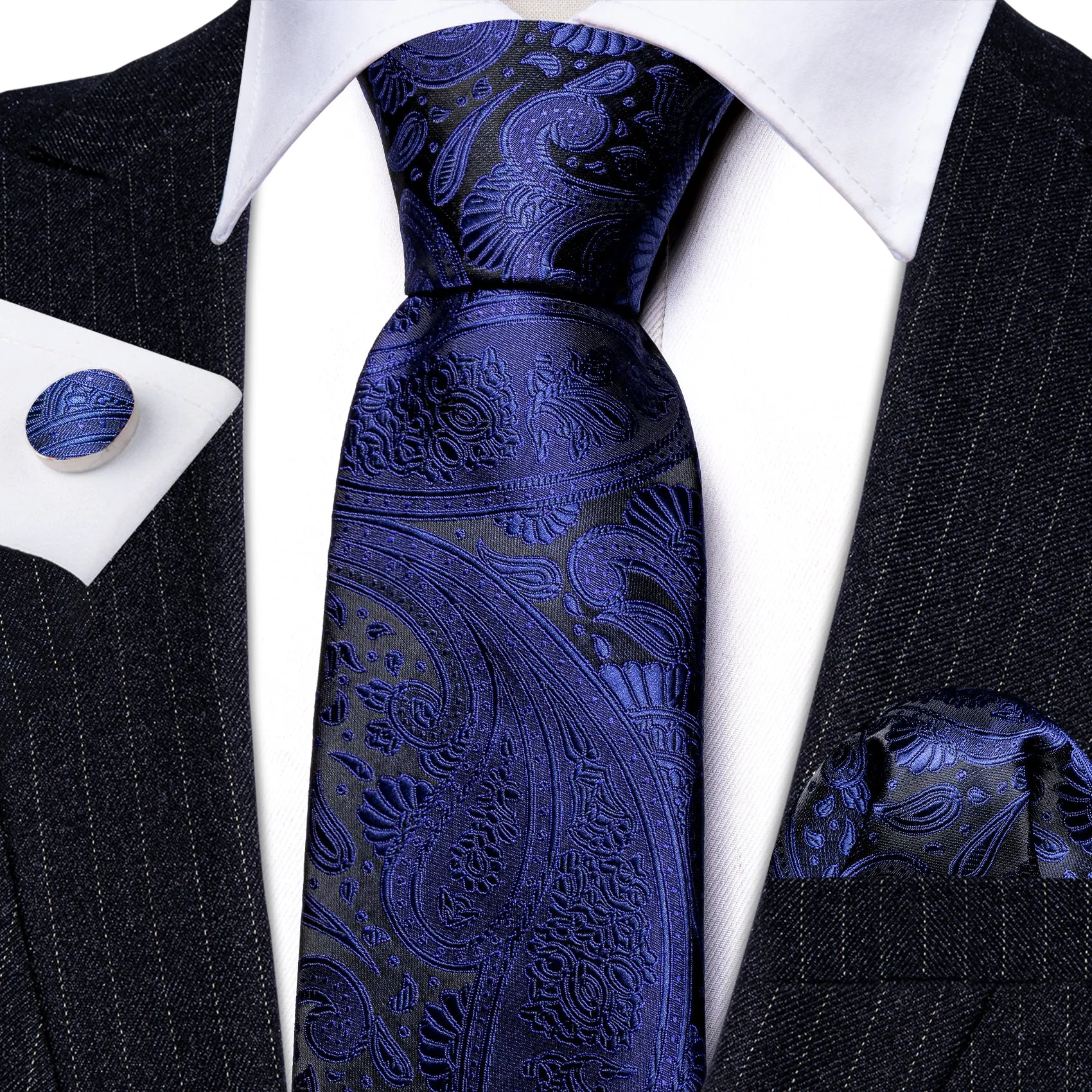 Barry Wang Dark Slate Blue Paisley Silk Tie Handkerchief Cufflinks Set sold by Barrywang product image thumbnail 2