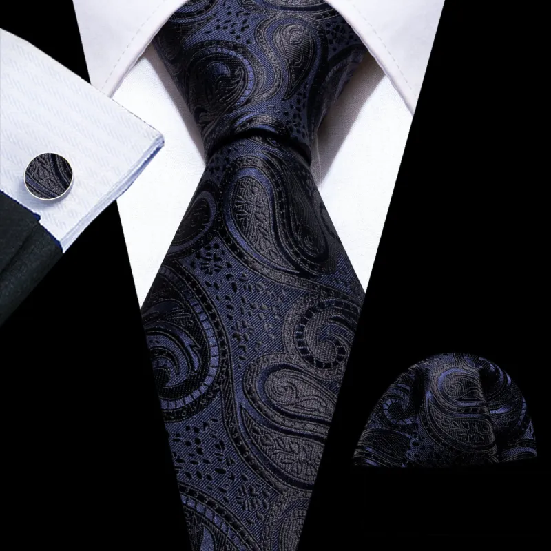 Barry Wang Black Tie Purple Paisley Silk Tie Handkerchief Cufflinks Set sold by Barrywang