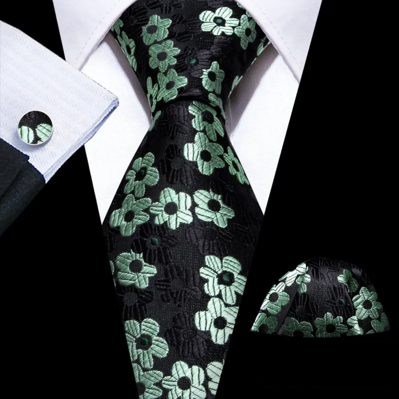 Barry Wang Black Tie Light Green Floral Jacquard Men's Wedding Tie Set sold by Barrywang