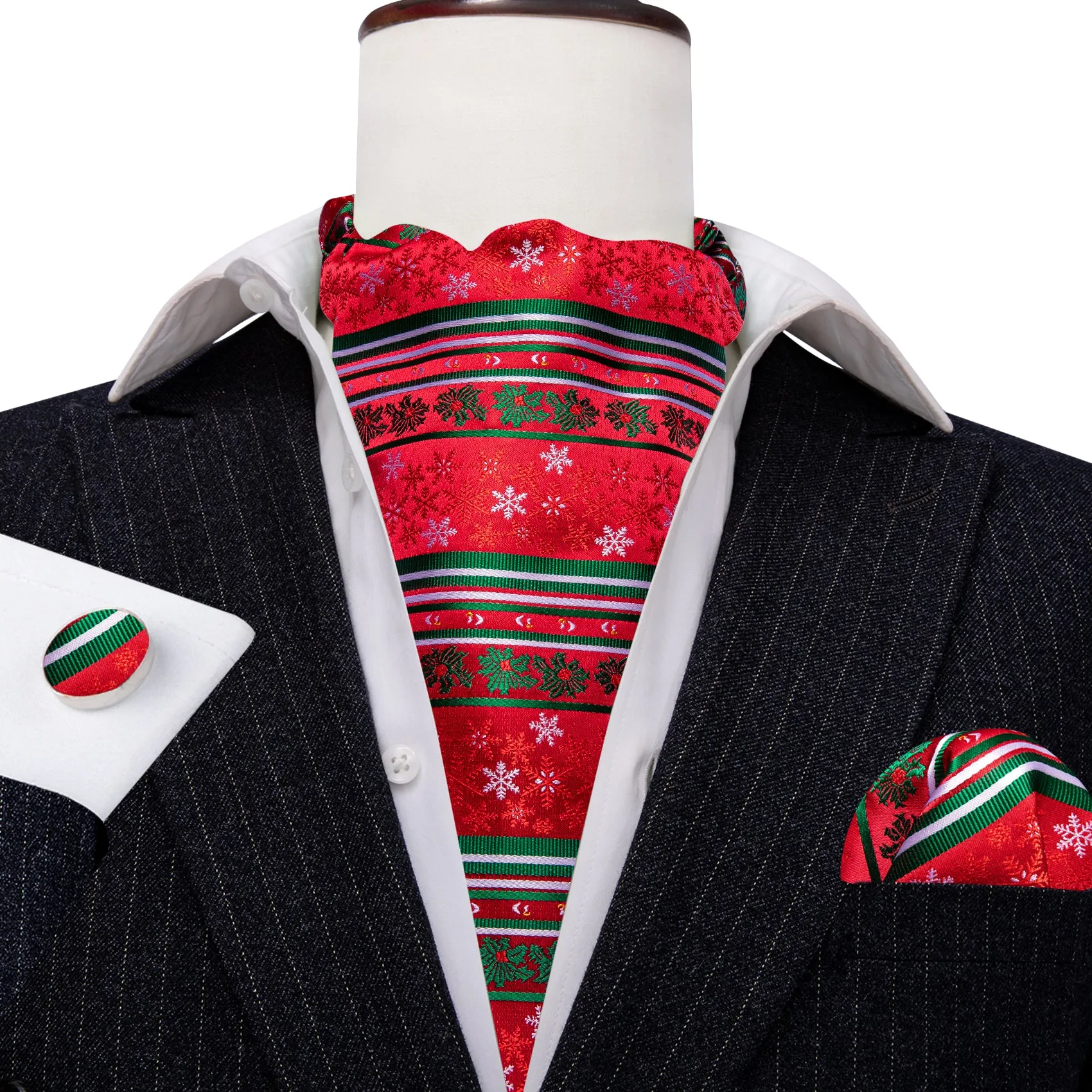 Christmas Red Green Floral Silk Ascot Handkerchief Cufflinks sold by Barrywang product image thumbnail 5