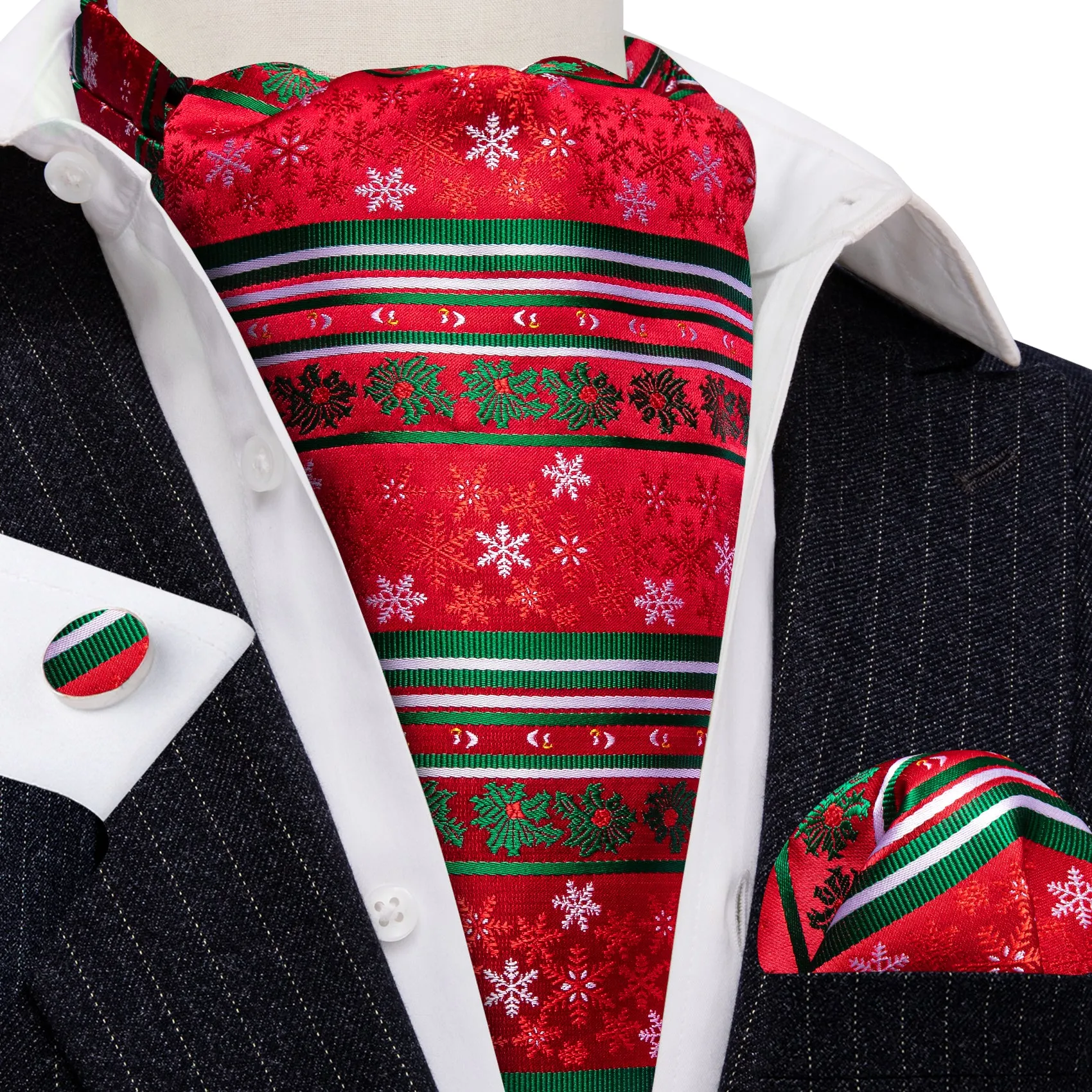 Christmas Red Green Floral Silk Ascot Handkerchief Cufflinks sold by Barrywang product image thumbnail 4