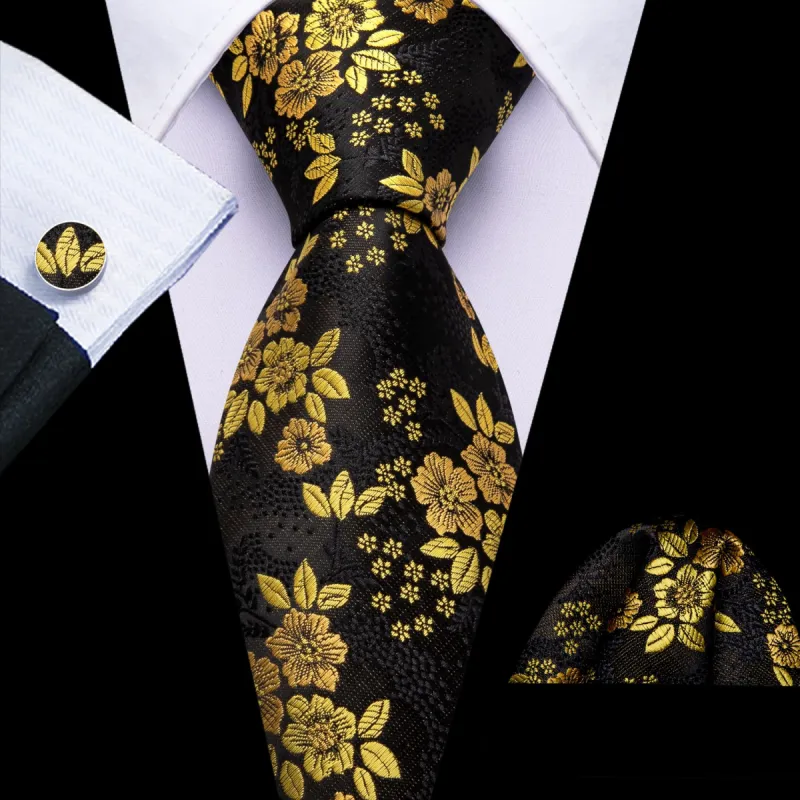 Barry Wang Yellow Jacquard Floral Tie Black Tie Hanky Cufflinks Set sold by Barrywang