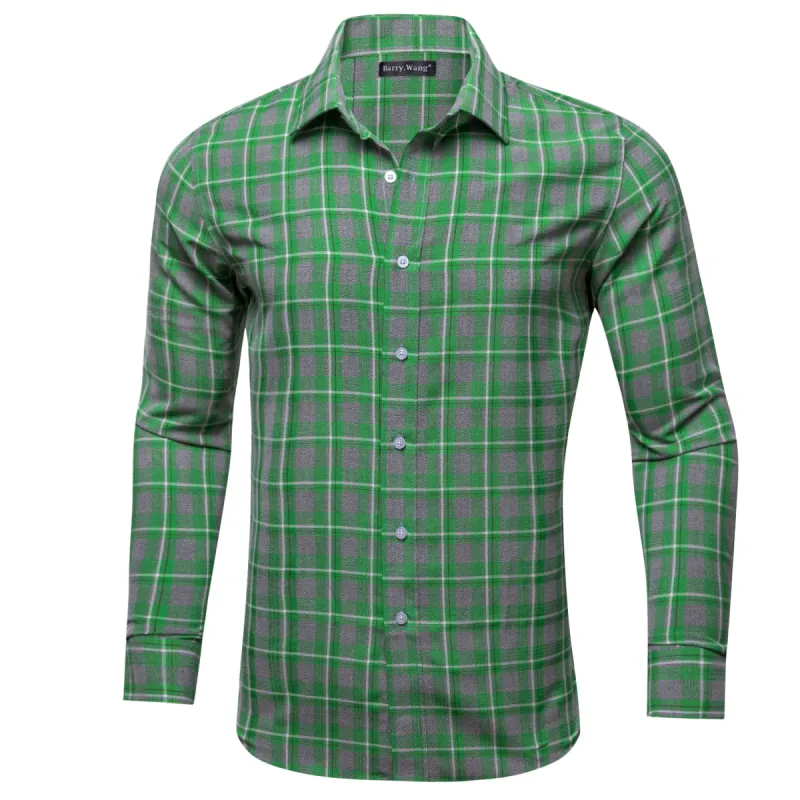 Barry.wang Green Grey Plaid Men's Shirt sold by Barrywang
