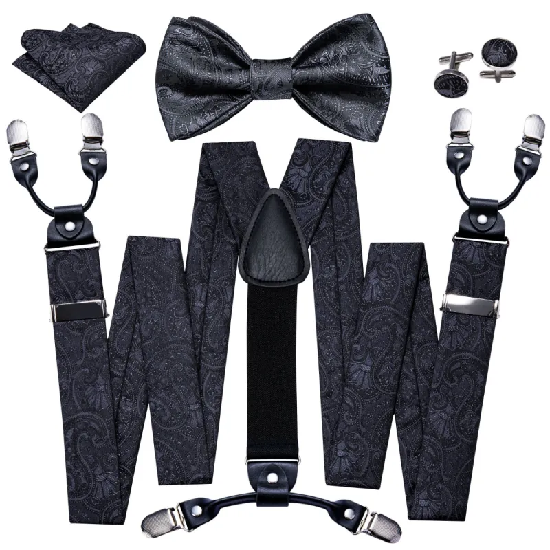 Barry Wang Black Paisley Y Back Mens Adjustable Suspenders Bow Tie Set sold by Barrywang