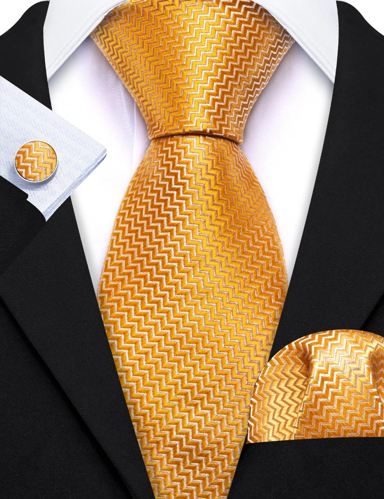 Barry Wang Gold Ripple Silk 63 Inch Extra Long Tie Hanky Cufflinks Set sold by Barrywang product image thumbnail 2