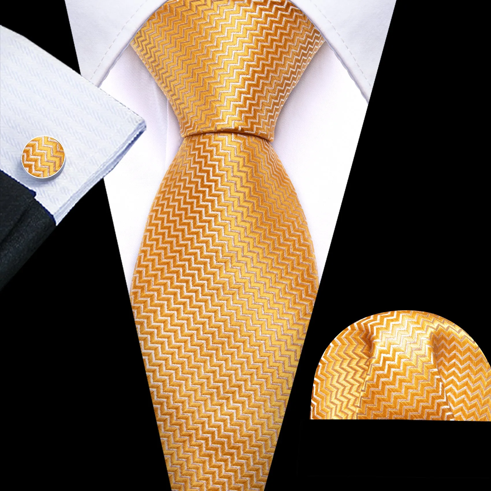 Barry Wang Gold Ripple Silk 63 Inch Extra Long Tie Hanky Cufflinks Set sold by Barrywang