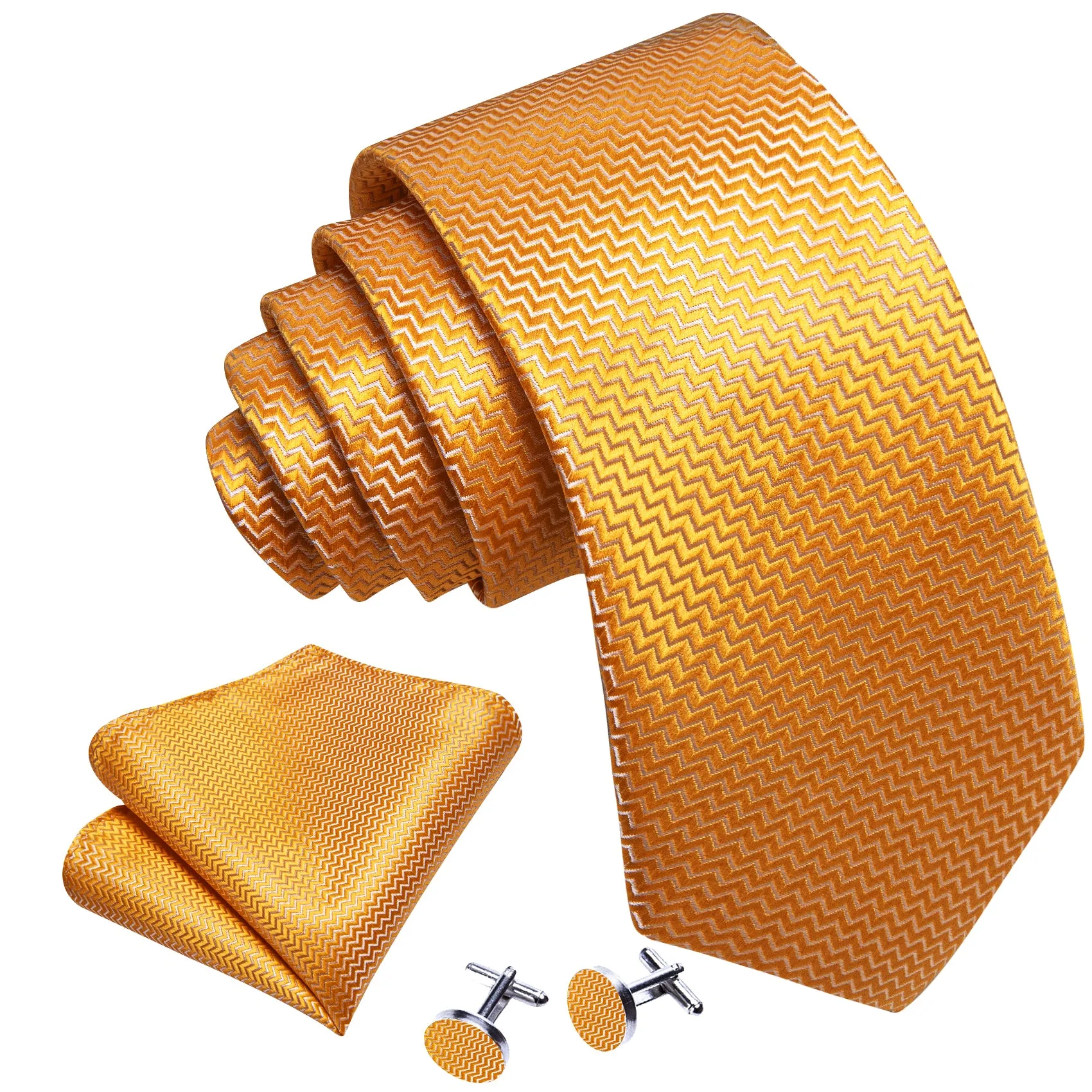 Barry Wang Gold Ripple Silk 63 Inch Extra Long Tie Hanky Cufflinks Set sold by Barrywang product image thumbnail 4