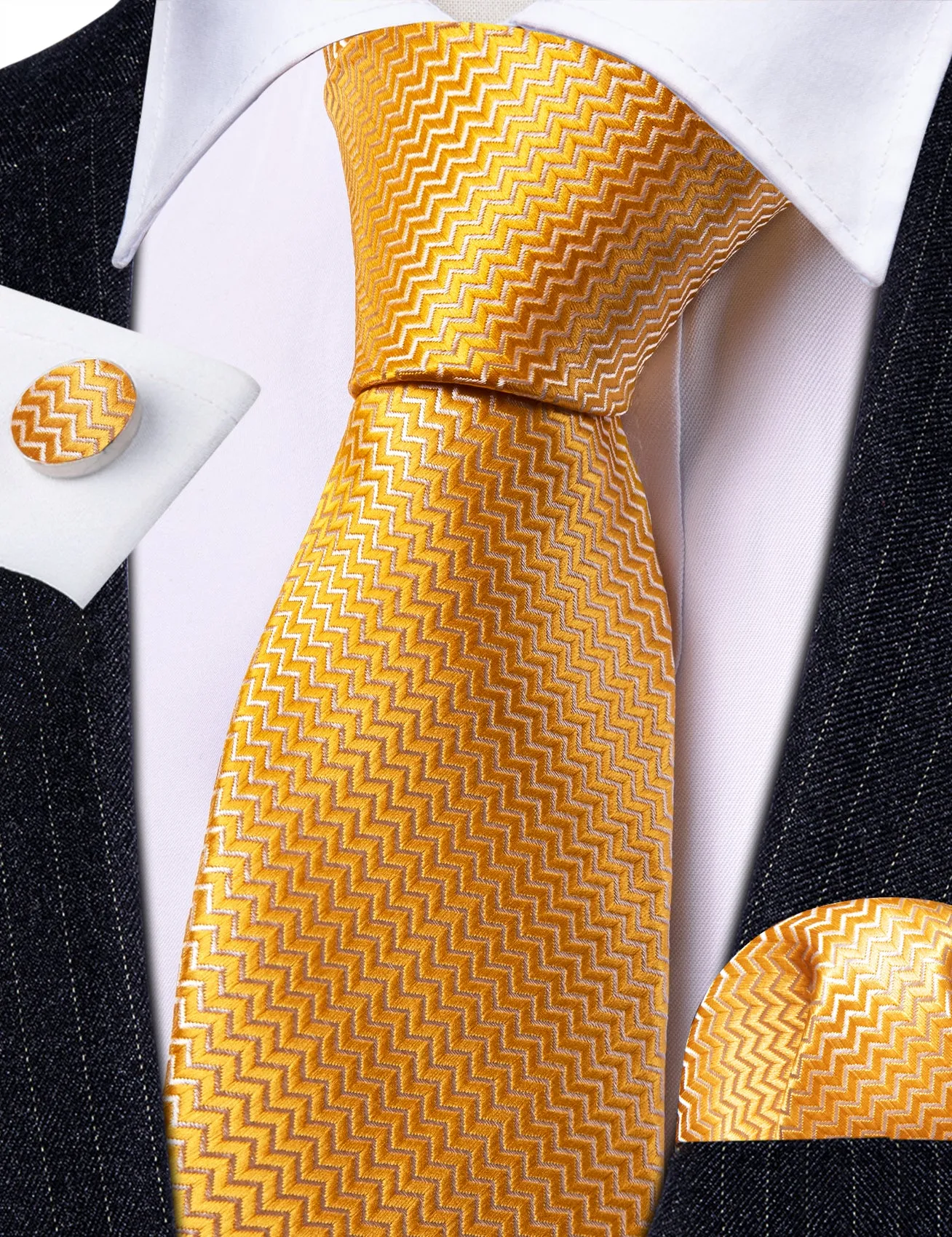 Barry Wang Gold Ripple Silk 63 Inch Extra Long Tie Hanky Cufflinks Set sold by Barrywang product image thumbnail 3