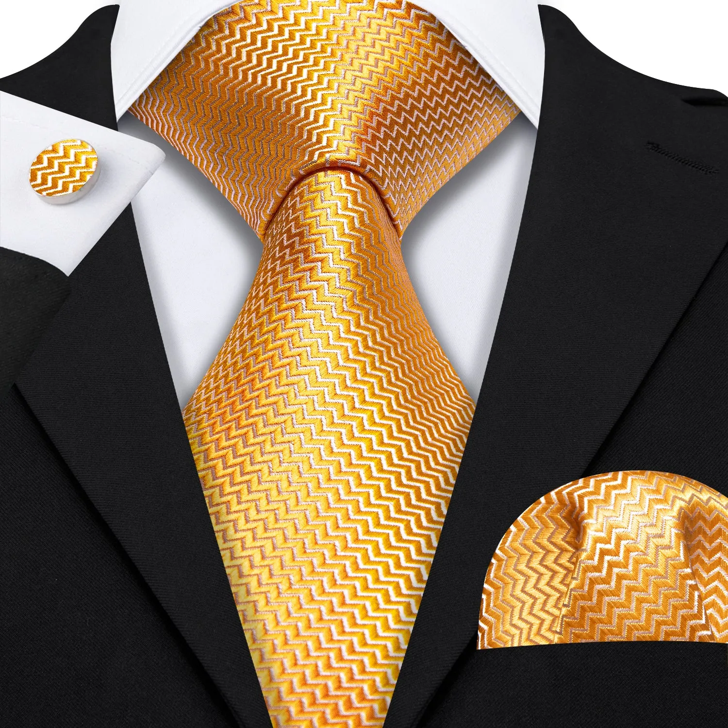 Barry Wang Gold Ripple Silk 63 Inch Extra Long Tie Hanky Cufflinks Set sold by Barrywang product image thumbnail 5