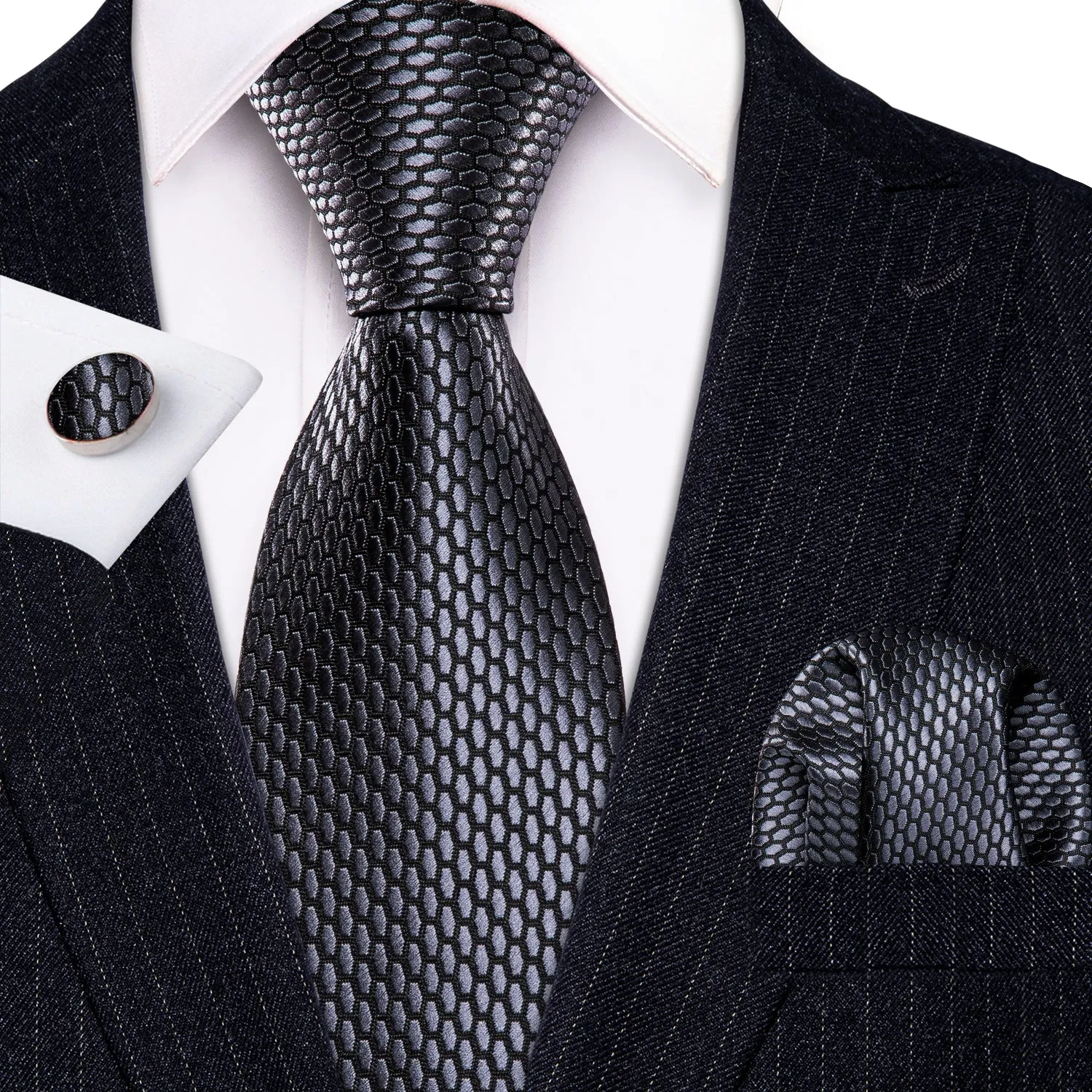 Barry. Wang Dark Grey Necktie Geometric Tie Pocket Square Cufflinks Set sold by Barrywang