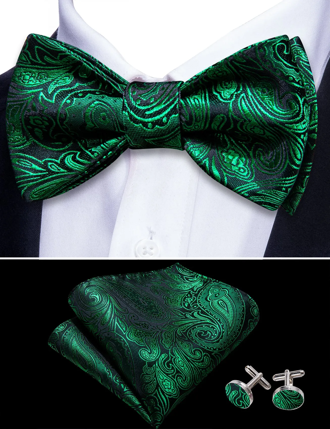 Barry. Wang Olive Green Paisley Silk Bow Tie Hanky Cufflinks Set sold by Barrywang product image thumbnail 2