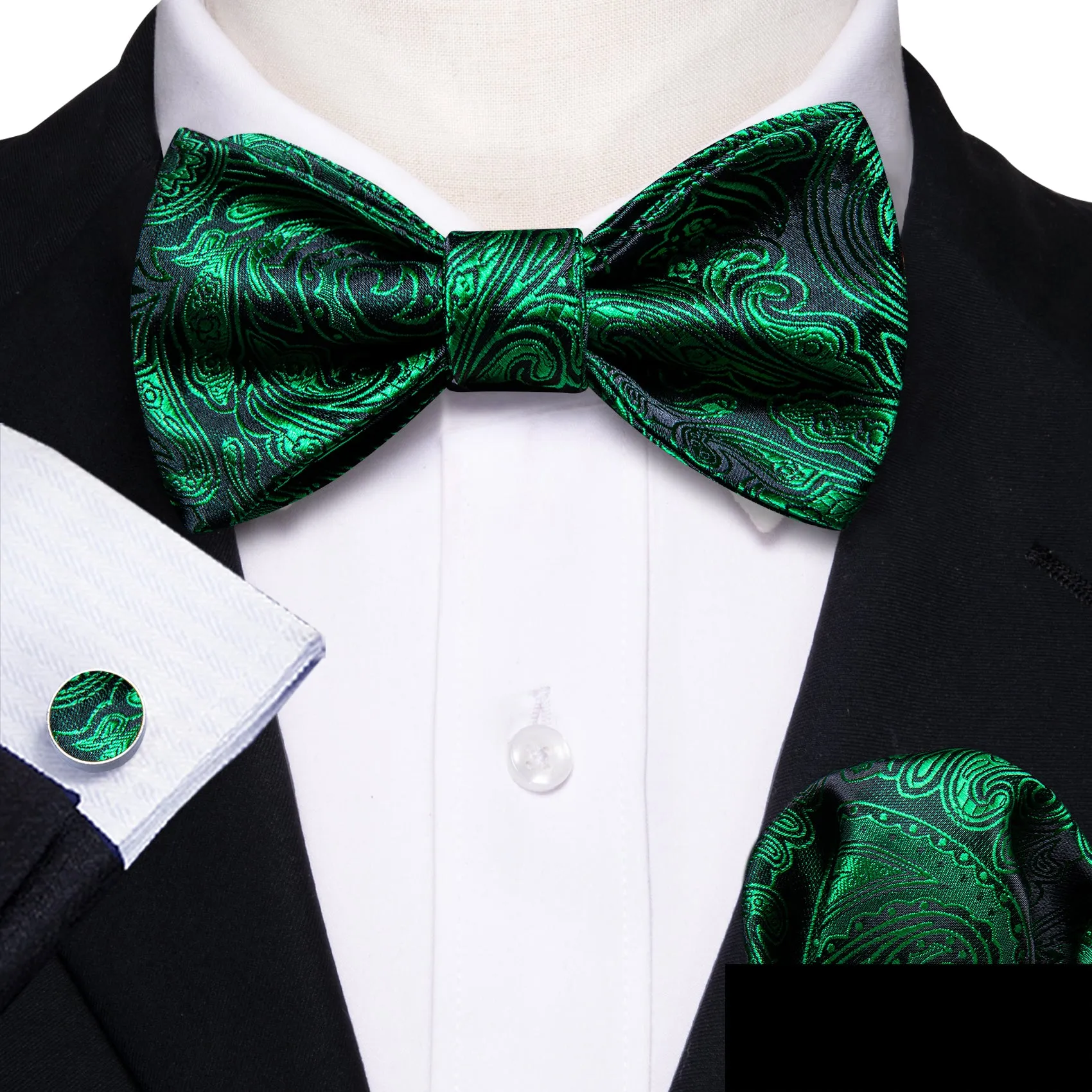 Barry. Wang Olive Green Paisley Silk Bow Tie Hanky Cufflinks Set sold by Barrywang product image thumbnail 3